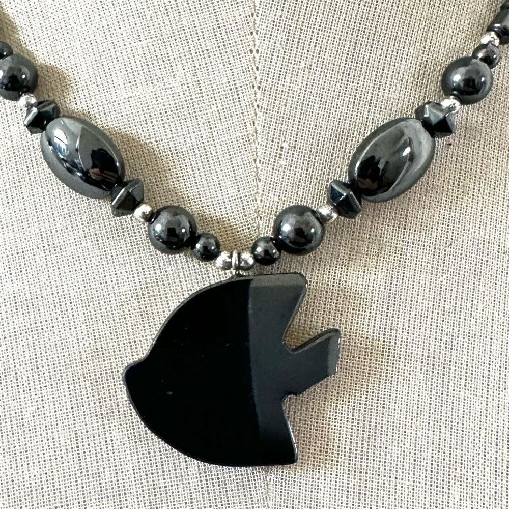 Hematite Carved Fish Pendant Beaded Necklace - Picture 2 of 8
